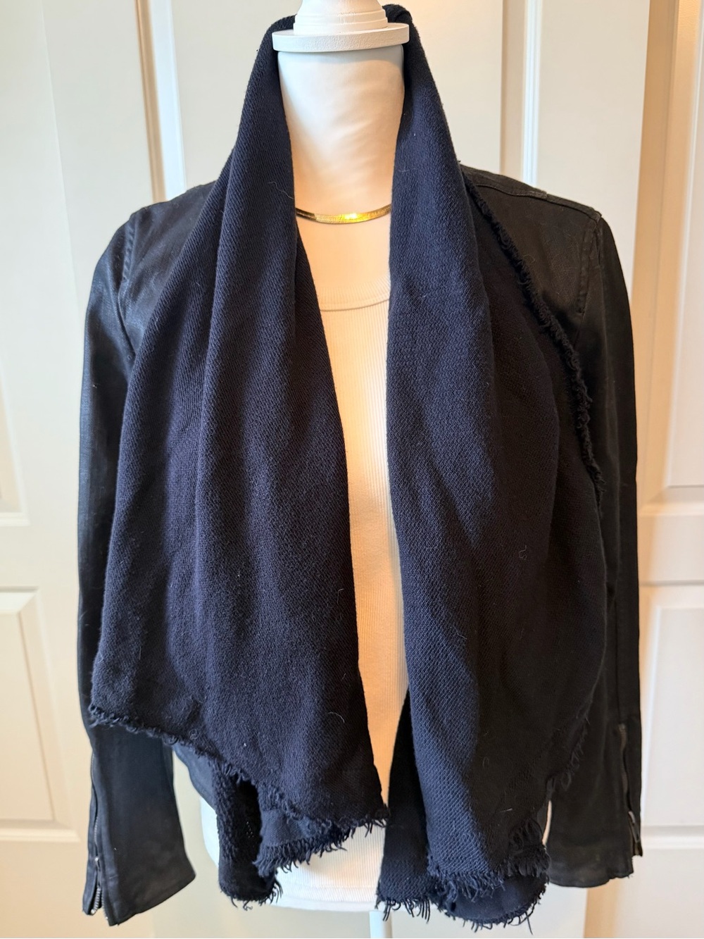 Free People Black Draped Open-Front Jean Jacket with Shawl Collar